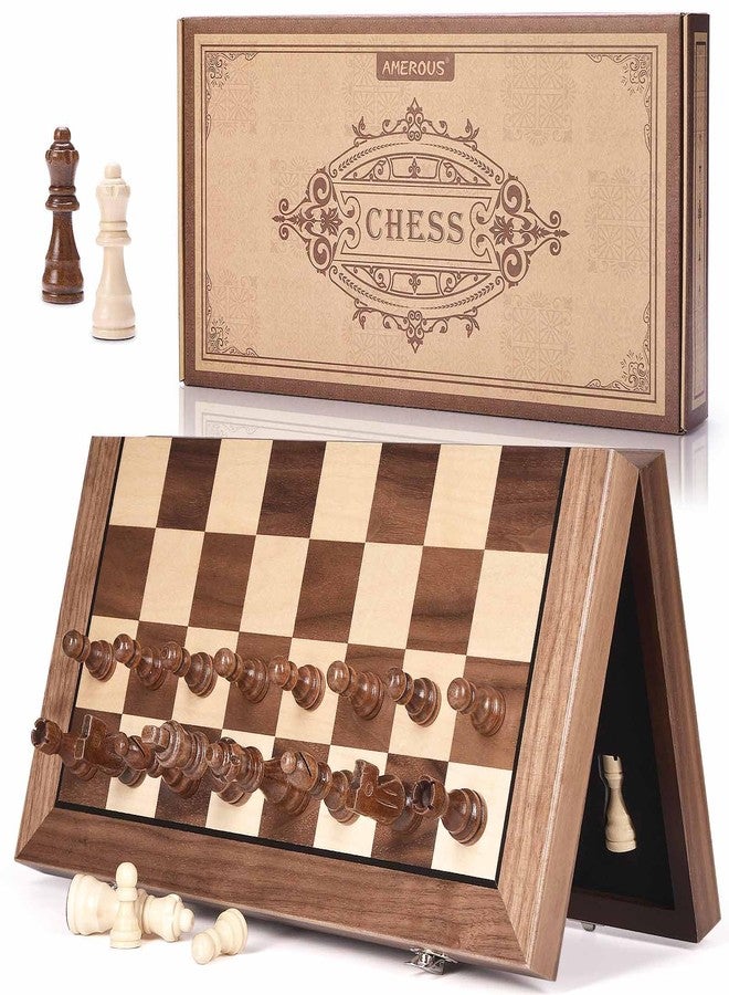AMEROUS 15 Inches Magnetic Wooden Chess Set with 2 Extra Queens/Folding Board/Chess Pieces Storage Slots/Instructions, Portable Travel Chess Game for Beginner/Classic Board Game - Image 1